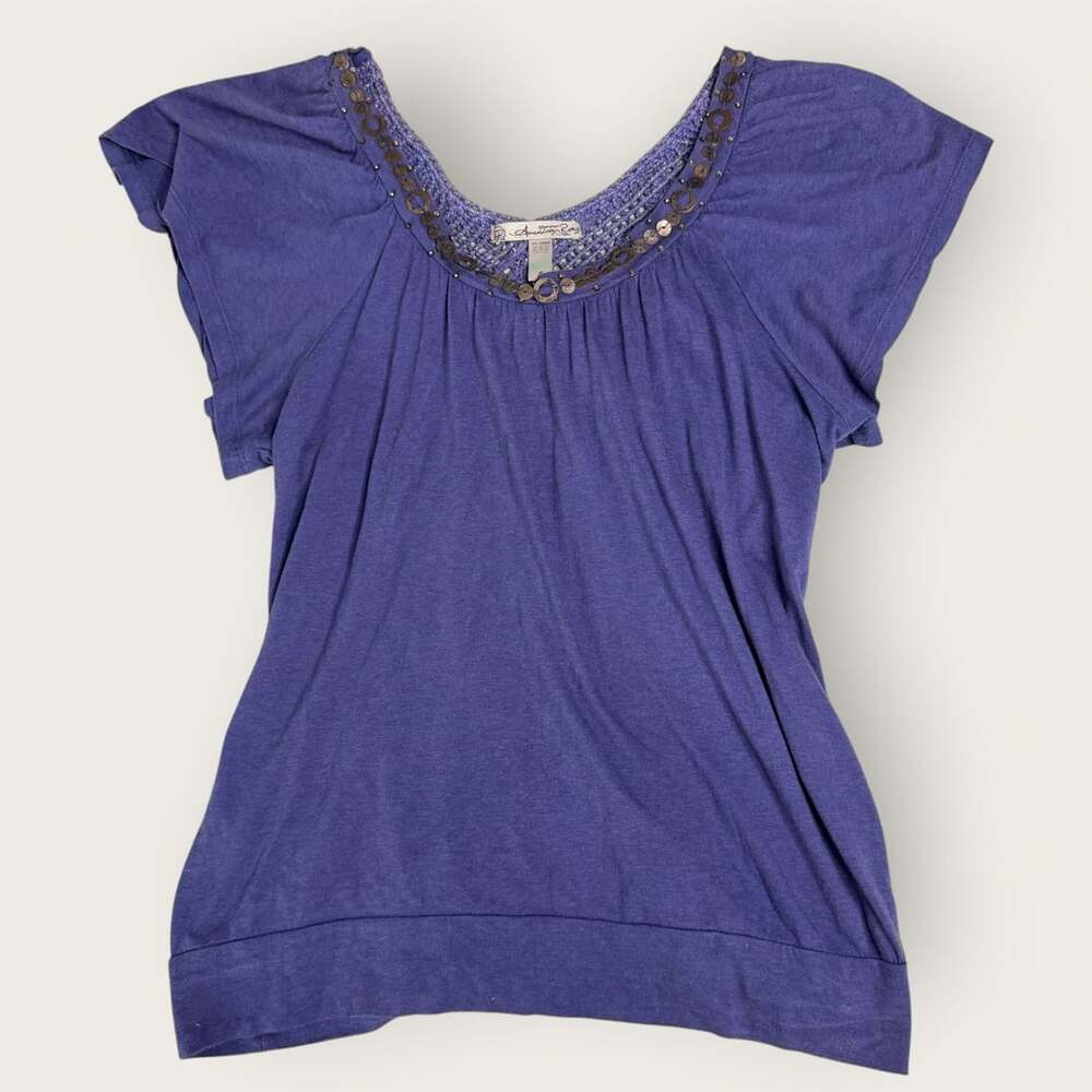 Y2K American Rag Purple Blouse Top with Macrame Crochet and Metallic Size S